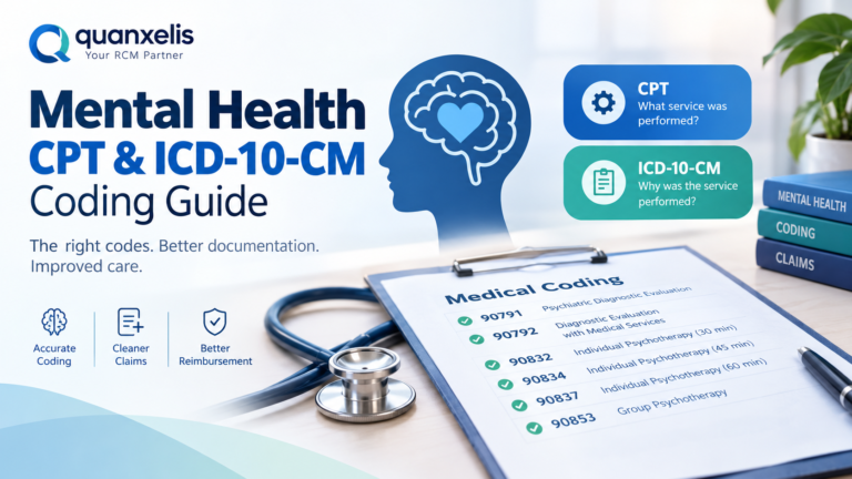 Mental Health CPT ICD-10-CM coding guide showing CPT, ICD-10-CM, psychotherapy codes, accurate coding, and cleaner claims.