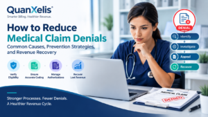 How to reduce medical claim denials through denial management, accurate medical coding, insurance eligibility verification, prior authorization, and revenue recovery.