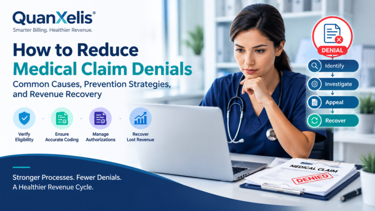 How to reduce medical claim denials through denial management, accurate medical coding, insurance eligibility verification, prior authorization, and revenue recovery.
