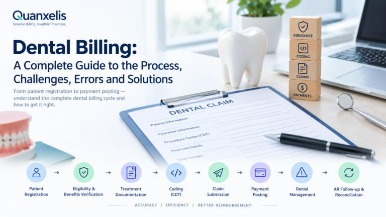Dental billing process showing insurance verification, CDT coding, claim submission, payment posting, denial management, and A/R follow-up.