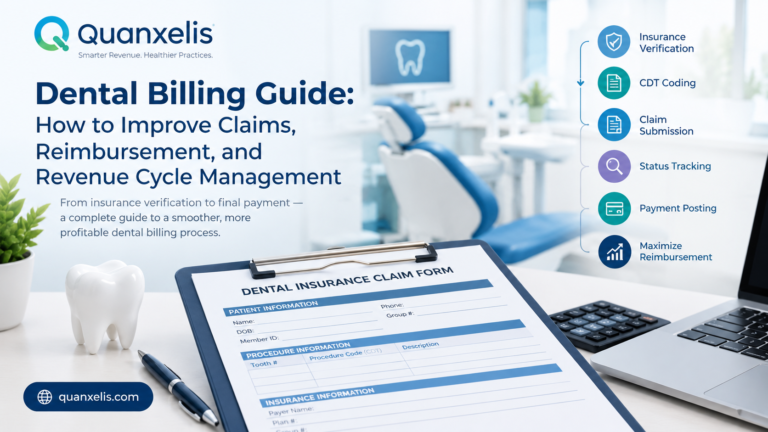 Dental billing guide covering insurance verification, CDT coding, claim submission, payment posting, and revenue cycle management.