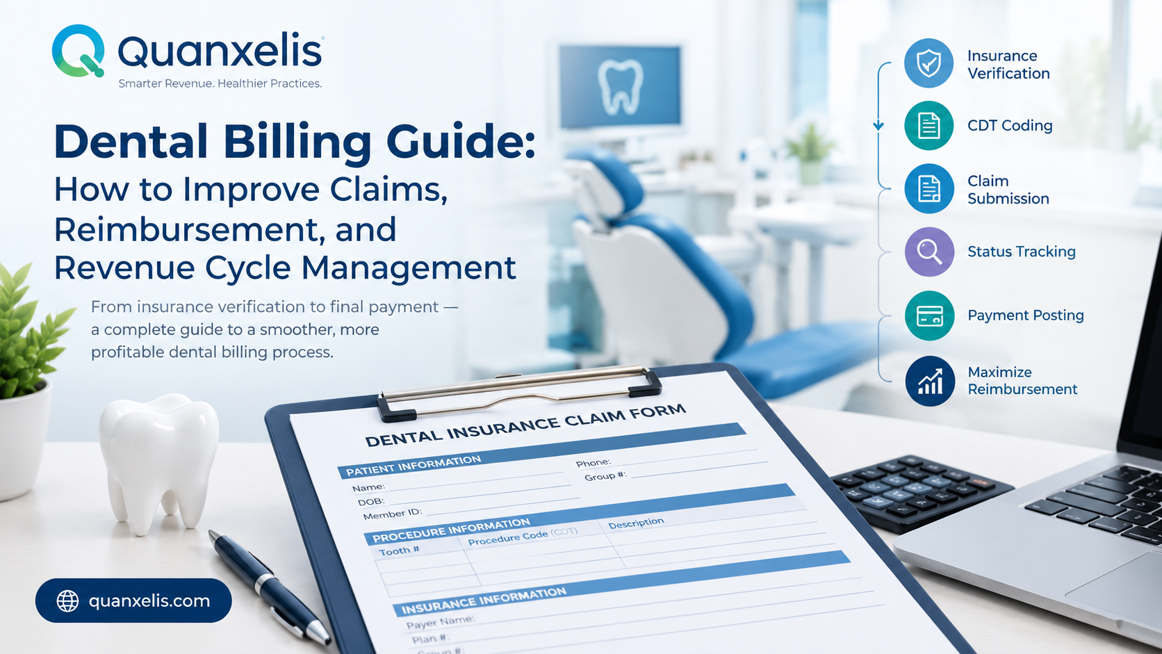 Dental billing guide covering insurance verification, CDT coding, claim submission, payment posting, and revenue cycle management.
