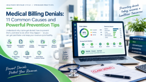 Medical billing denials prevention infographic showing 11 common causes, claim workflow, and revenue cycle management.