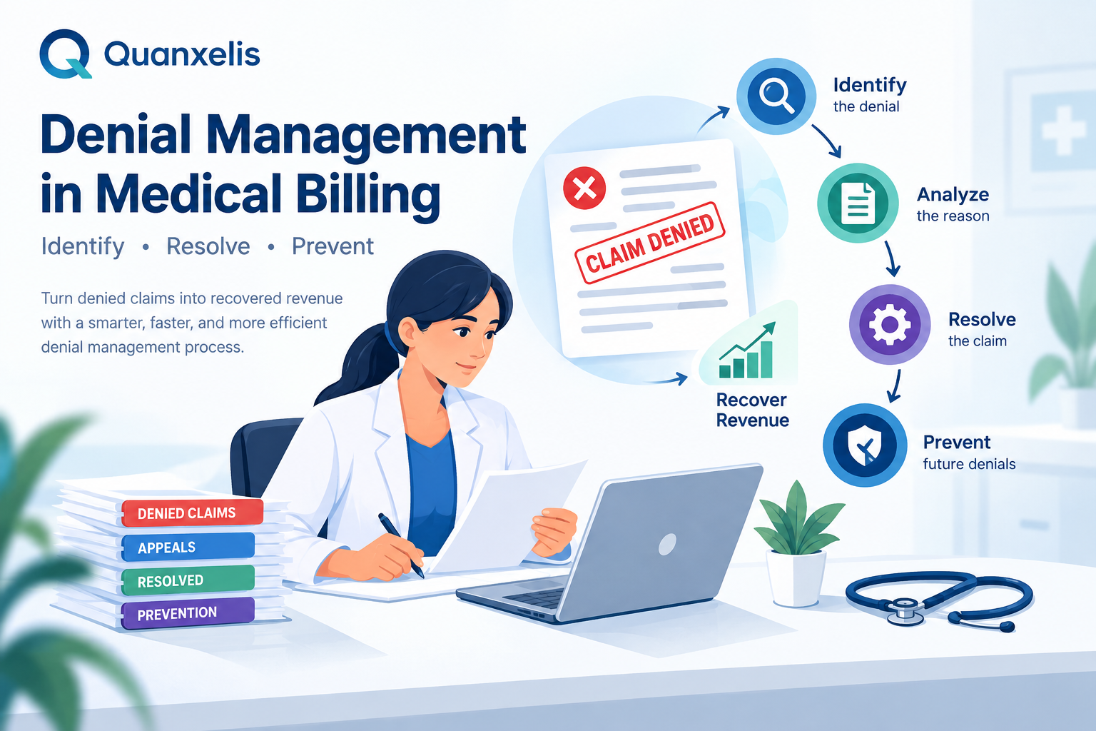 Denial management in medical billing workflow for identifying, resolving, and preventing claim denials