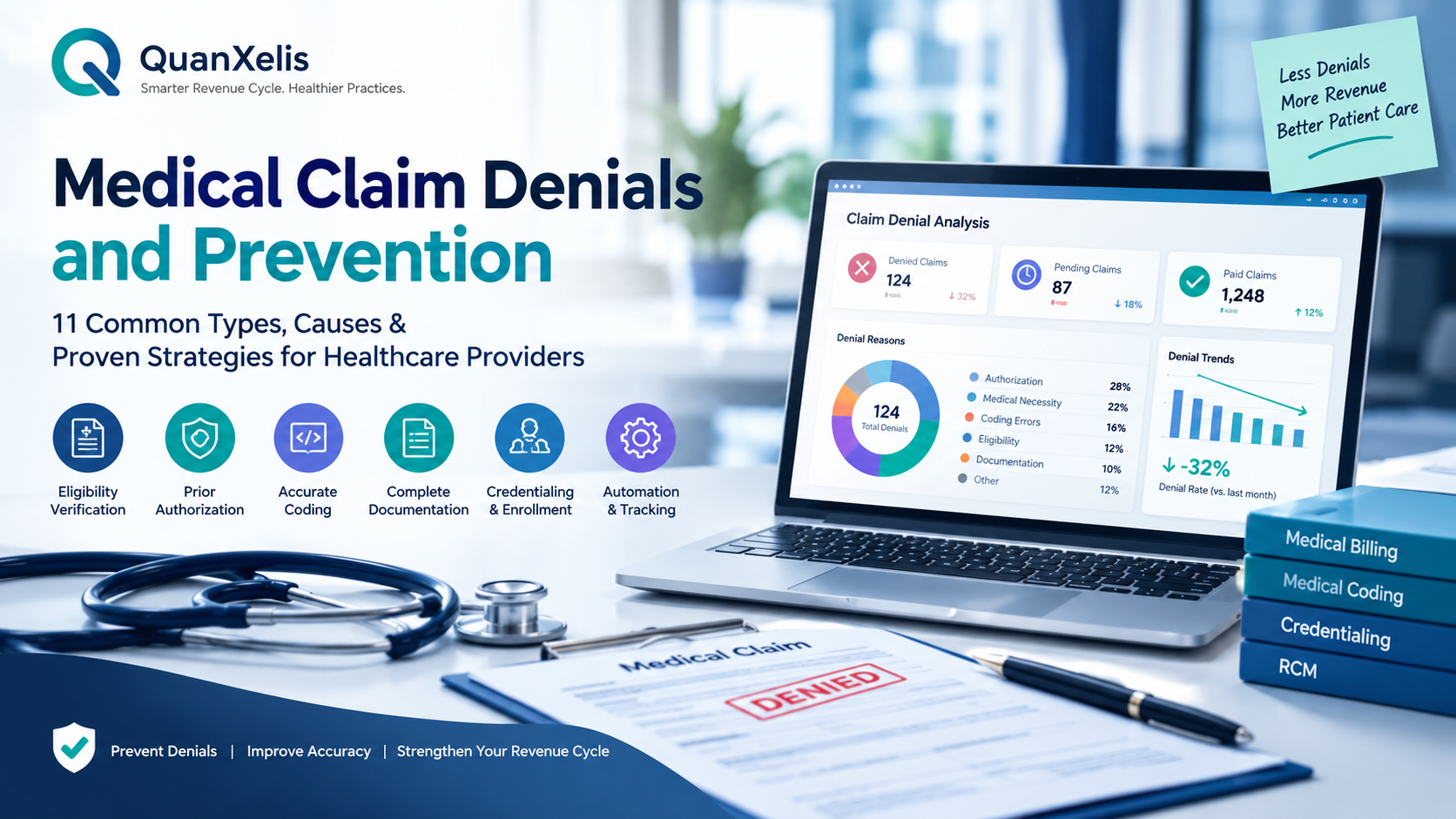Medical claim denials and prevention strategies for healthcare providers, covering medical billing, coding, credentialing, and revenue cycle management.