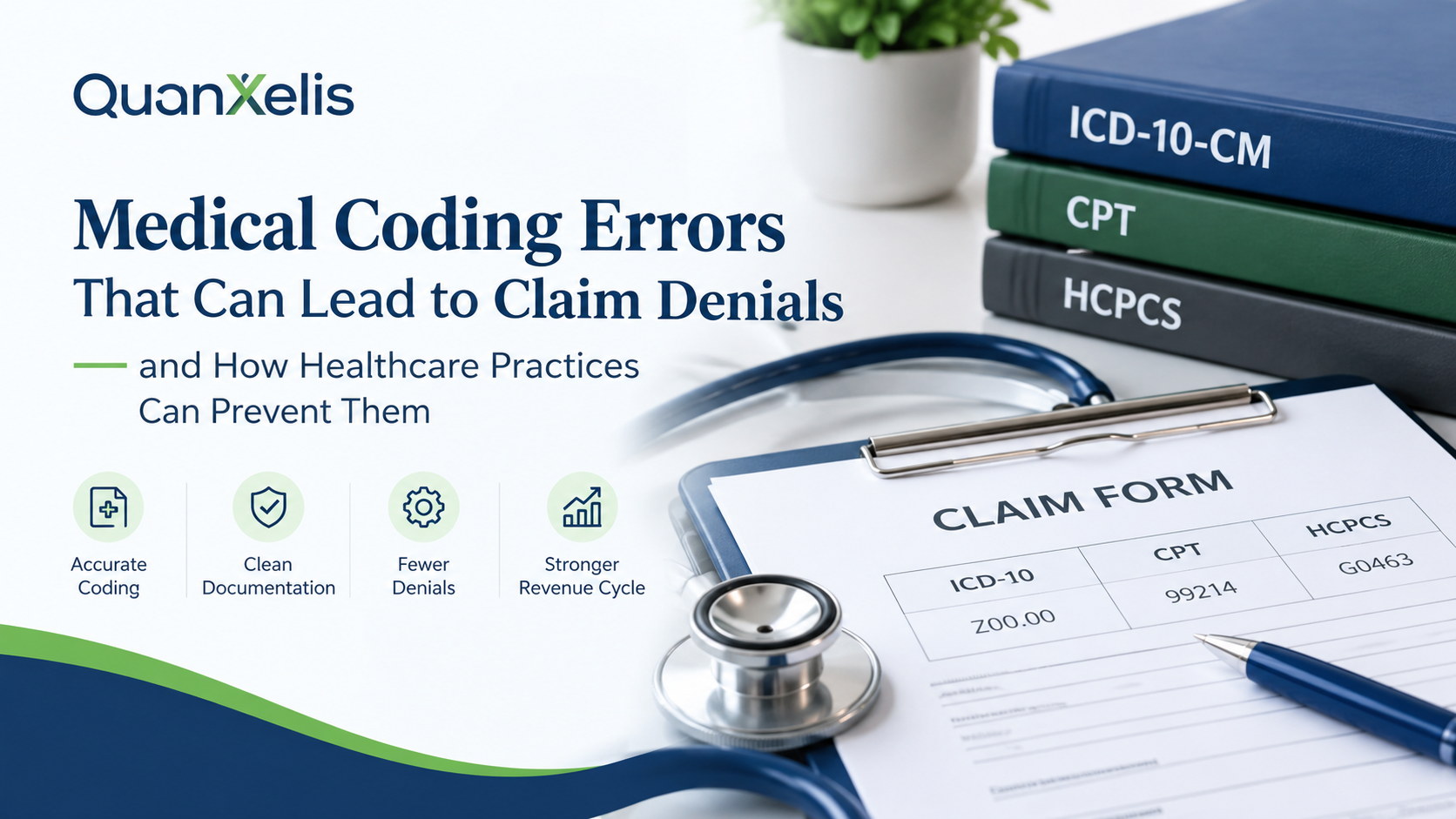 QuanXelis featured image about medical coding errors and claim denials, showing ICD-10-CM, CPT, and HCPCS coding books, a medical claim form, and a stethoscope.