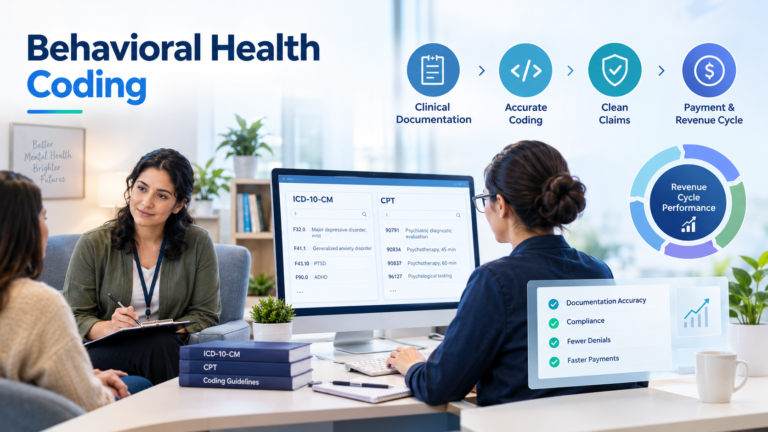 Behavioral health coding with accurate documentation, CPT and ICD-10-CM coding, clean claims, and revenue cycle management